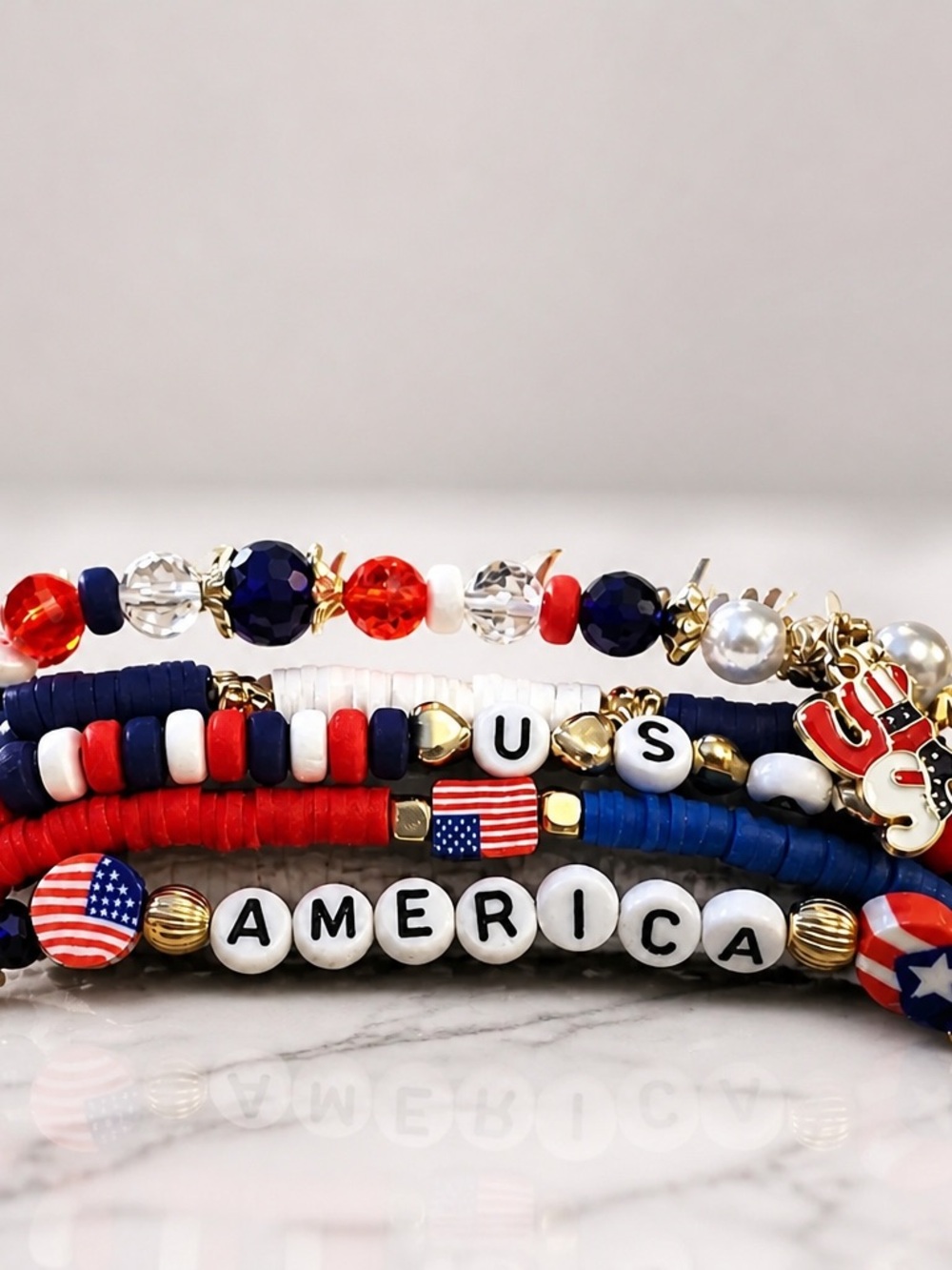 Fashion Jewelry Red, White & Navy Layered Beaded Bracelet Set